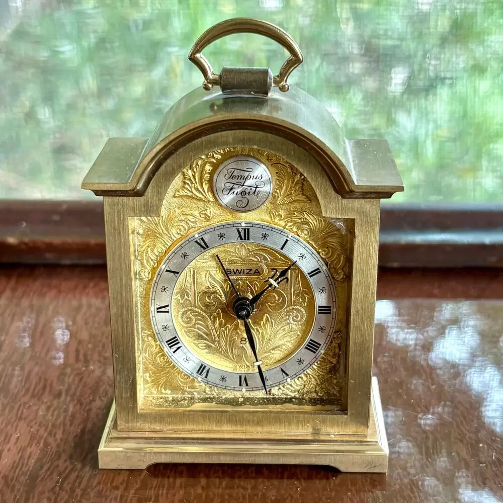 Vintage Swiza Swiss Brass Alarm Clock Tempus Fugit Mantel Clock